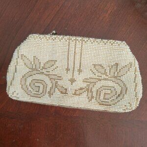 Vintage Beaded Ivory Floral Clutch Purse With Metal Zipper & Handle Accent